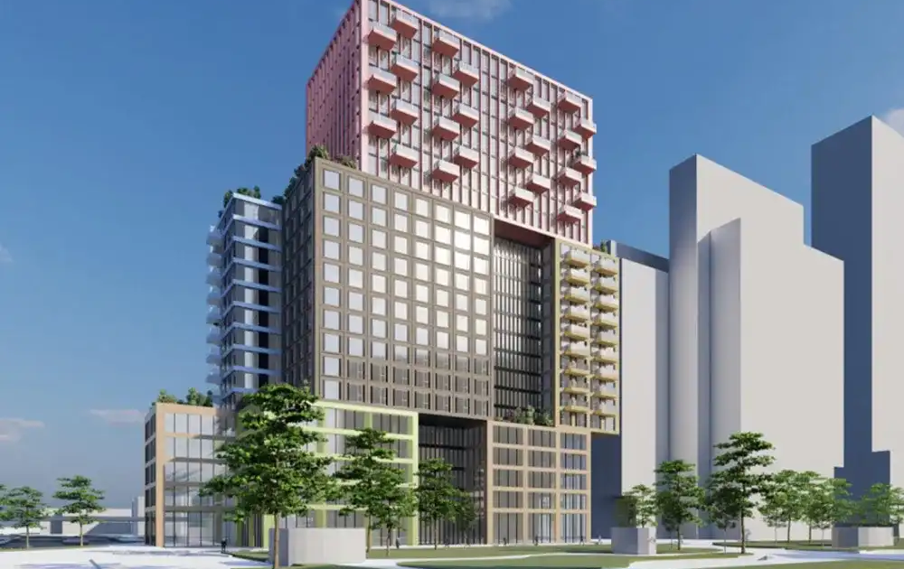 Moderne stedelijke vastgoed development met hoogbouw, mix van wonen en werken, groene accenten en eigentijdse architectuur in een stedelijke omgeving